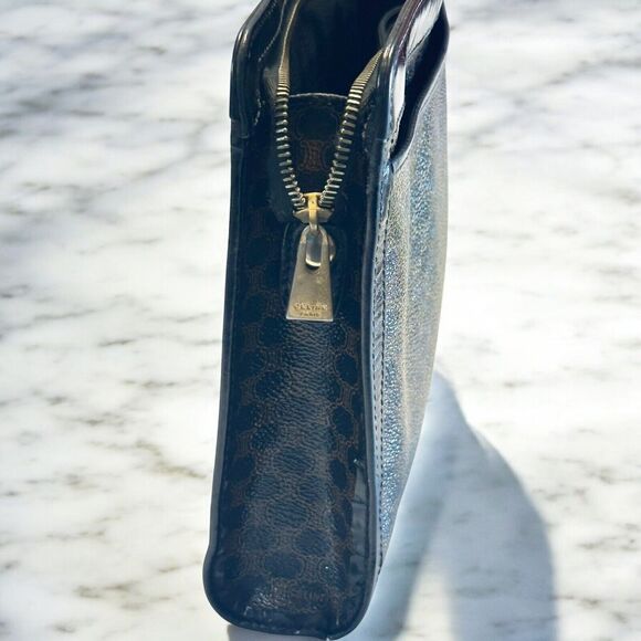 CELINE Macadam Clutch Handbag Black Brown Triomphe Leather Unisex Vintage 90s - Picture 9 of 16